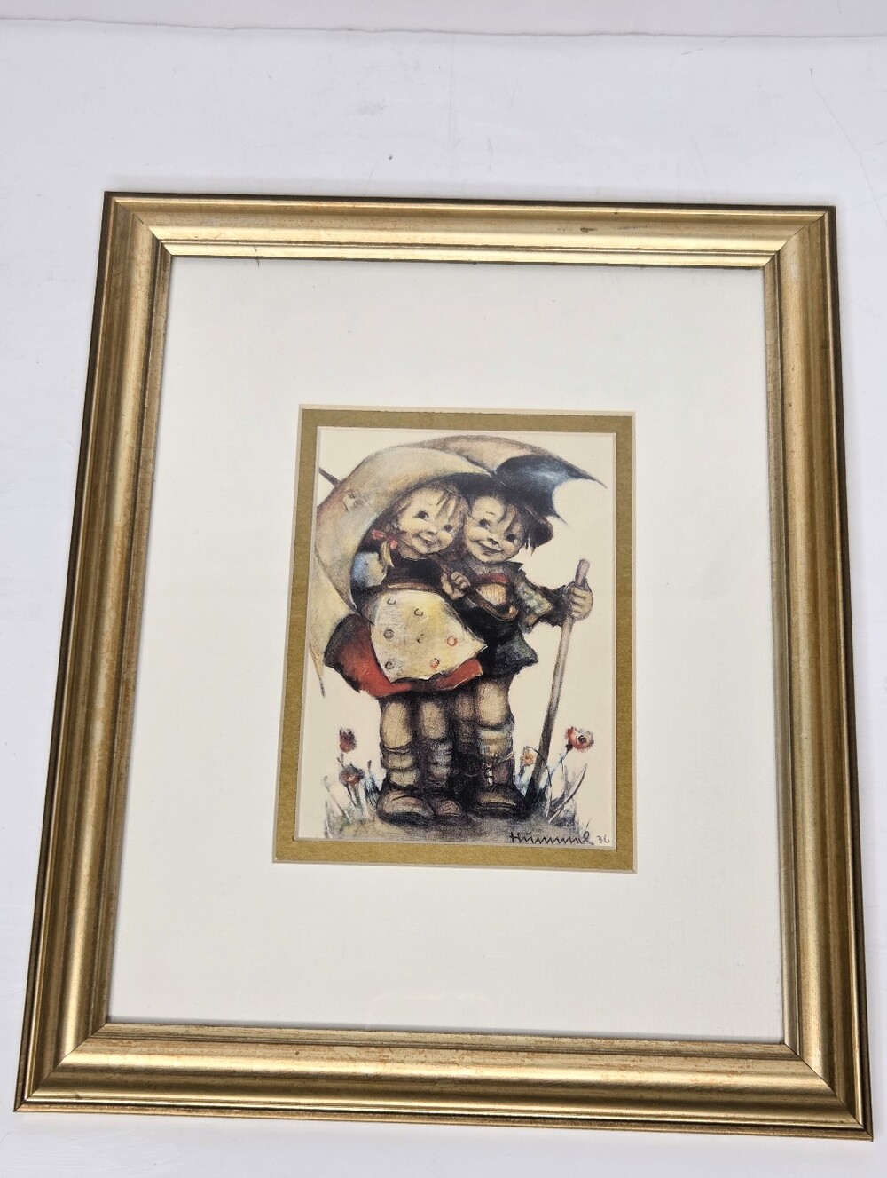 Hummel Gold Framed Matted Children Under Umbrella Stormy Weather COA